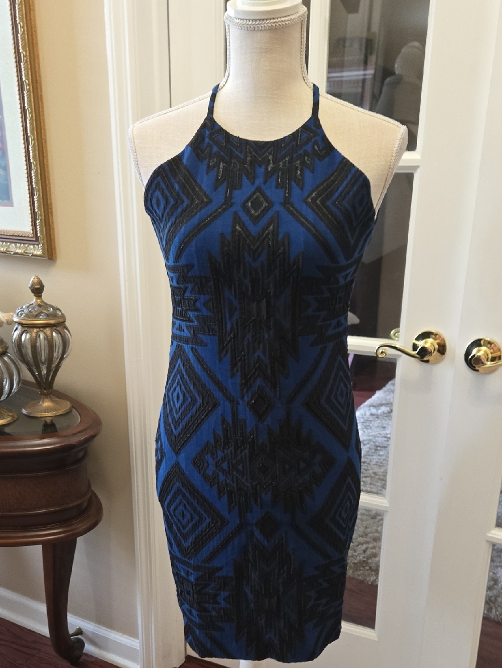 Parker Blue and Black Halter Sheath Dress Geometric Print Fully Lined Medium EUC